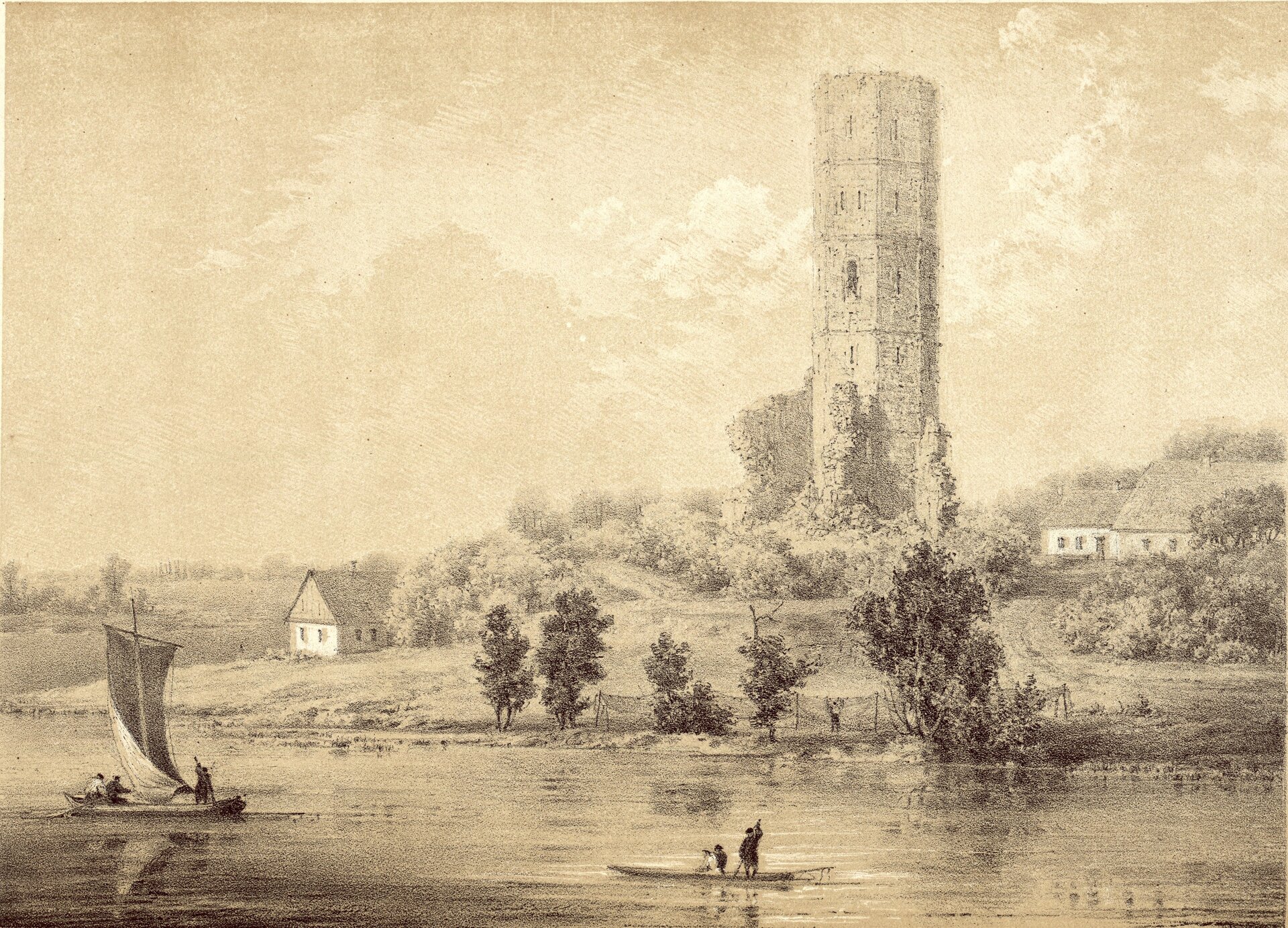 Litografia w odcieniach brązu i beżu przedstawia widok na Mysią Wieżę od strony jeziora Gopło. Na pierwszym planie widoczne jest jezioro, po którym pływają łódki, jedna z nich z żaglem. Siedzą w nich ludzie. Na drugim planie stoi kamienna wieża w otoczeniu drzew i krzewów. Budowla góruje nad innymi, jednoparterowymi budynkami, stojącymi obok. Ma niewielkie, strzeliste okienka. Na brzegu jeziora rosną drzewa. W oddali widać pola, niewielkie krzewy i pojedyncze drzewa. 
