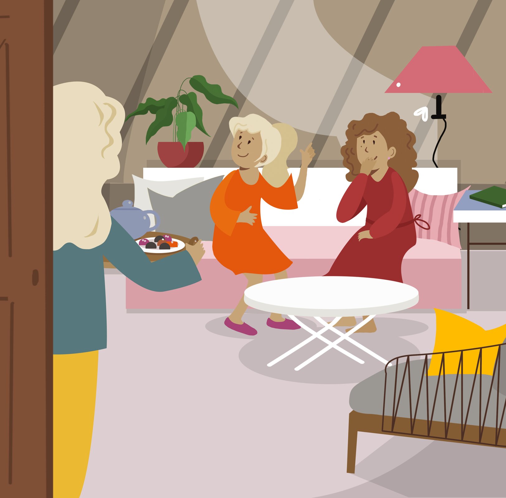 Widok przedstawia wnętrze salonu, gdzie na kanapie siedzą dwie dziewczyny. Trzecia dziewczyna zbliża się w ich kierunku, niosąc tacę z dzbankiem.