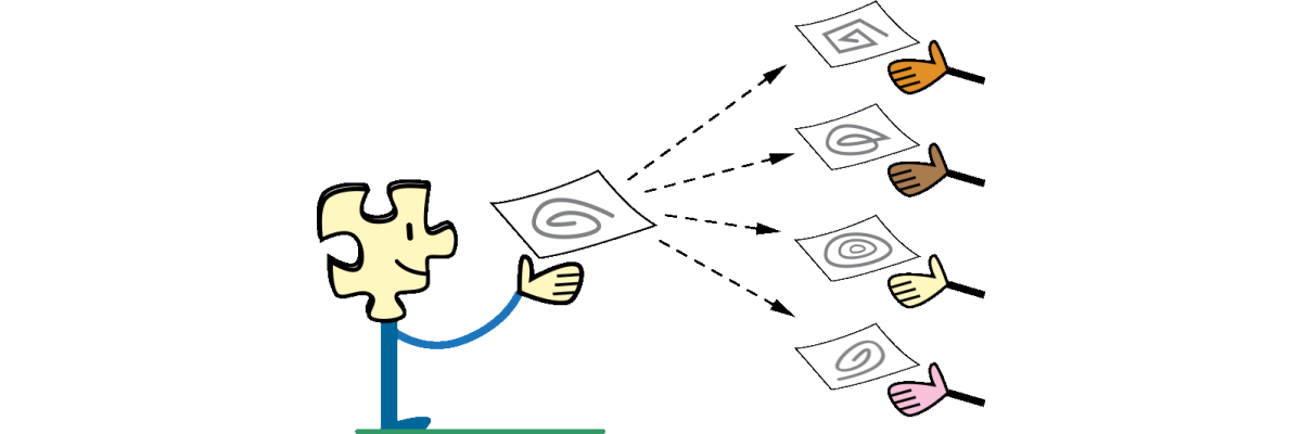 Ilustracja przedstawia w sposób symboliczny dzielenie plików. Ludzik trzyma w ręku kartkę. Od kartki cztery strzałki prowadzą do kolejnych kartek trzymanych w rękach (widać tylko pojedyncze cztery ręce).