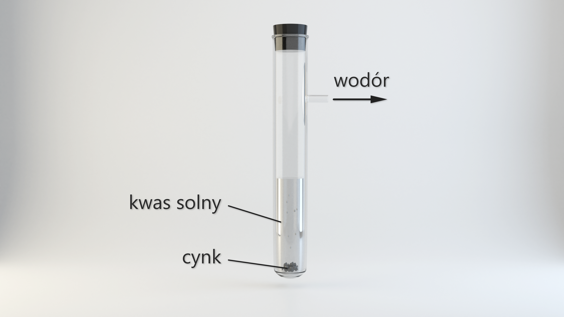 Ilustracja przedstawia probówkę zatkaną korkiem z bocznym tubusem, czyli rurką odprowadzającą. W probówce znajduje się cynk i kwas solny, a z bocznej szyjki wydobywa się wodór, co zaznaczono strzałką z podpisem.