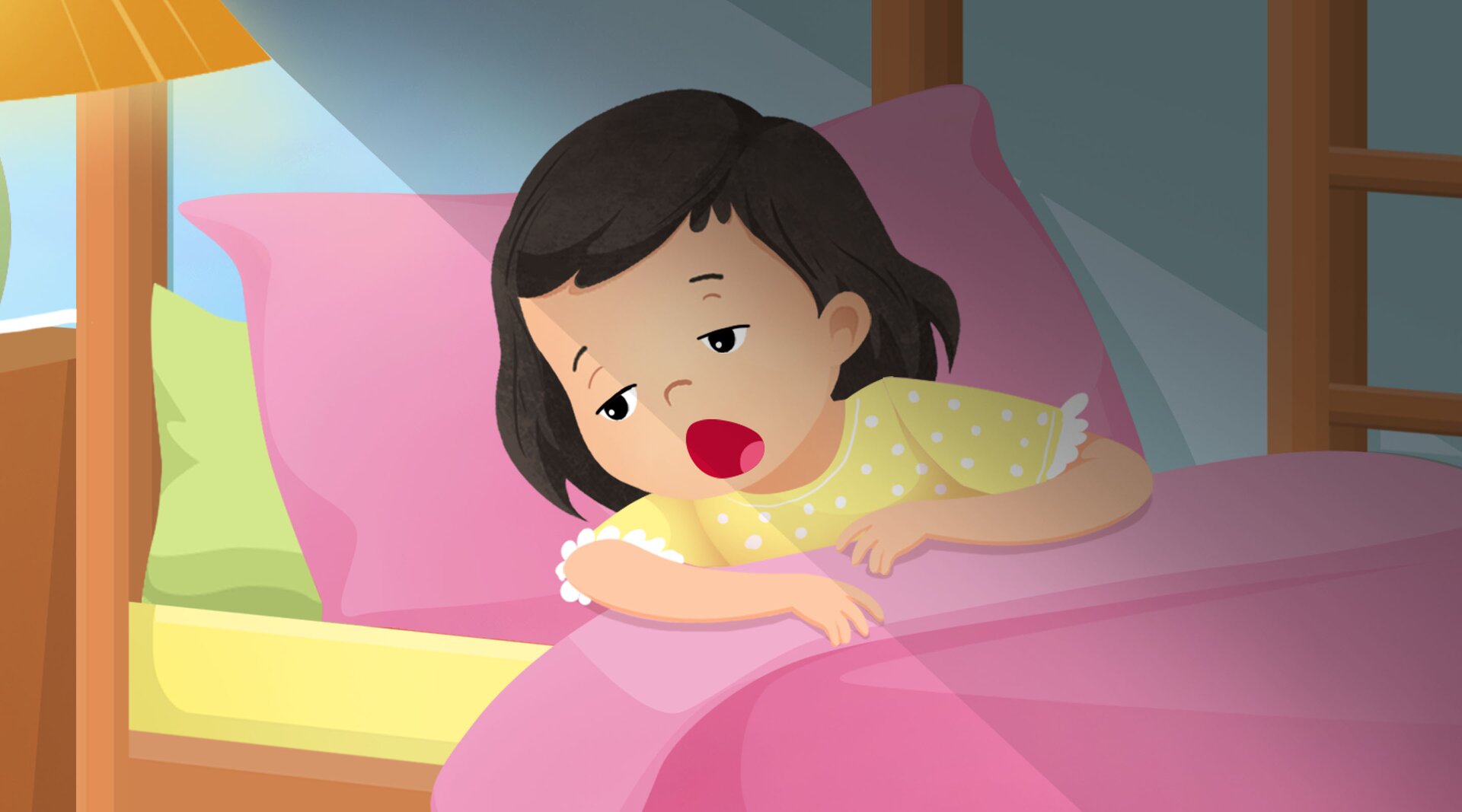 Na ilustracji znajduje się senna dziewczynka w łóżku.