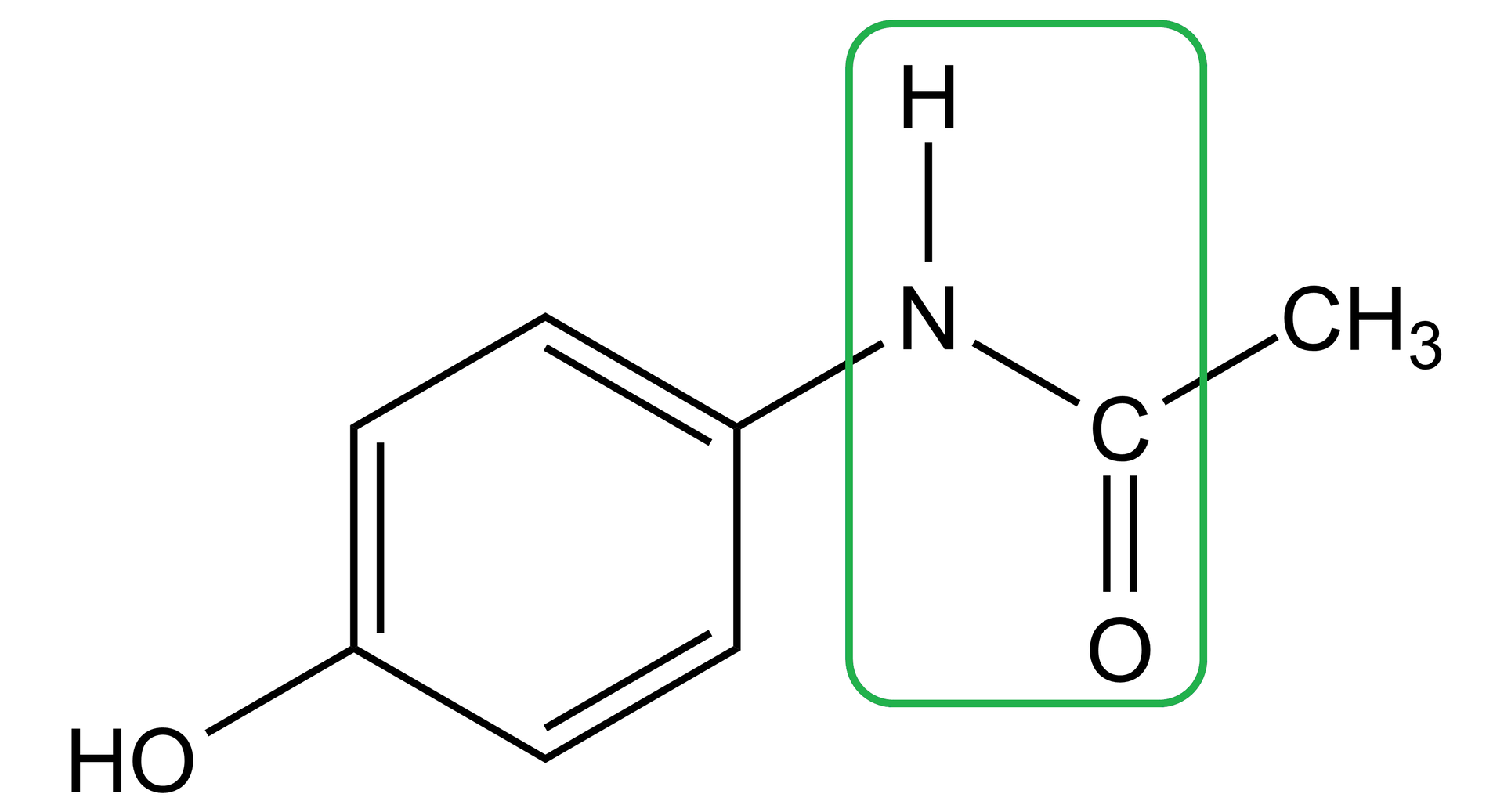Ilustracja przedstawiająca wzór strukturalny paracetamolu o strukturze grupa CH3 związana z atomem węgla połączonym za pomocą wiązani podwójnego z atomem tlenu oraz za pomocą wiązania pojedynczego z grupą NH, która to łączy się z grupą 4-hydroksyfenylową. Wiązanie amidowe występuje pomiędzy atomem węgla związanym za pomocą wiązania podwójnego z atomem tlenu oraz atomem azotu związanym z atomem wodoru i, w tym przypadku, z podstawnikiem 4-hydroksyfenylowym.