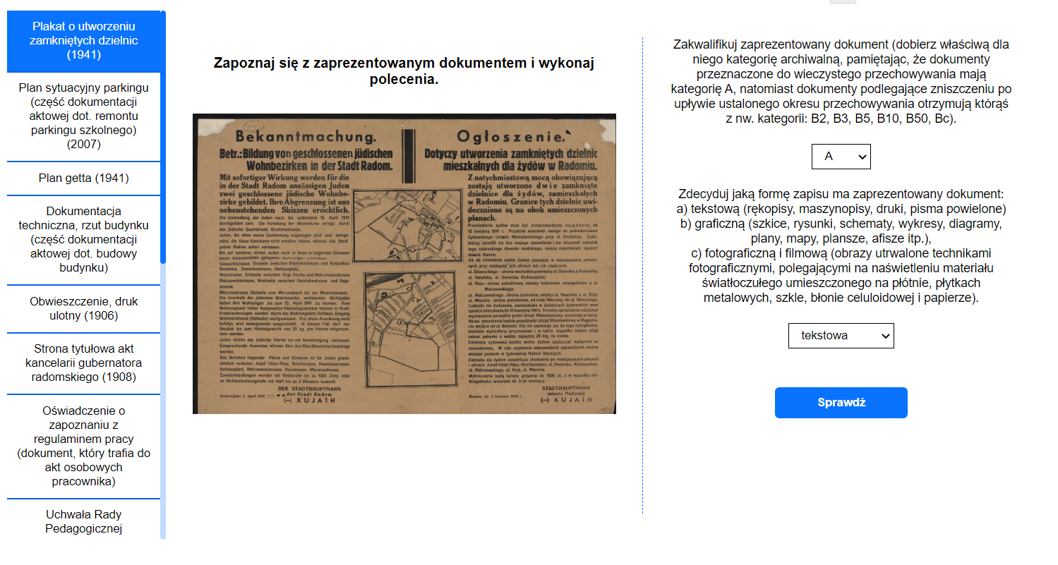 Grafika przedstawia okno główne programu ćwiczeniowego. Po lewej stronie znajduje się interaktywne menu z różnymi dokumentami. Na środku znajduje się okno z poleceniem: Zapoznaj się zaprezentowanym dokumentem i wykonaj polecenia. Poniżej widać zdjęcie dokumentu. Po prawej stronie znajdują się przykładowe polecenia. Pod każdym z poleceń można wybrać odpowiednią odpowiedź. Na dole znajduje się przycisk sprawdź.