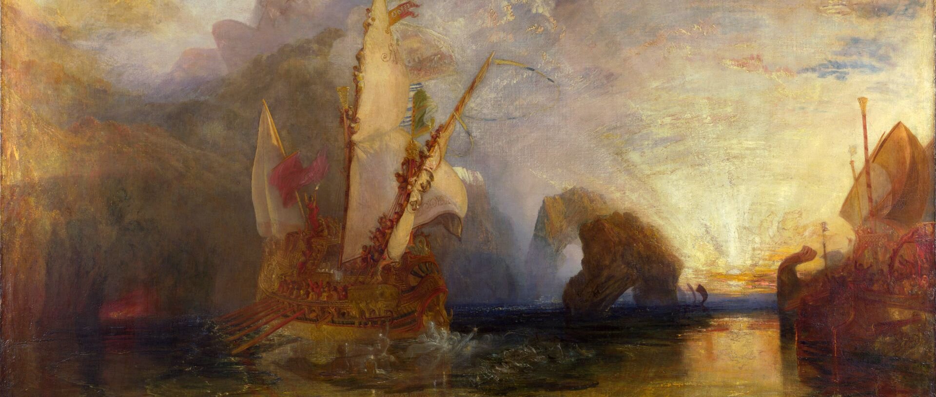 Obraz przedstawia scenę opisaną w "Odysei" Homera. W promieniach zachodzącego słońca, które rozświetla złotem niebo i morze, widać statek z białymi żaglami. Na jego pokładzie stoi Odyseusz w otoczeniu swoich towarzyszy. Drwi z oślepionego przed chwilą cyklopa Polifema ukrywającego się za jedną ze skał po lewej stronie. Kontury skał, za którymi chowa się Polifem są niewyraźne, postać cyklopa się z nimi zlewa. W oddali widać skały i przepływającą łódź, a po prawej stronie statek z rozwiniętymi żaglami pełen ludzi.