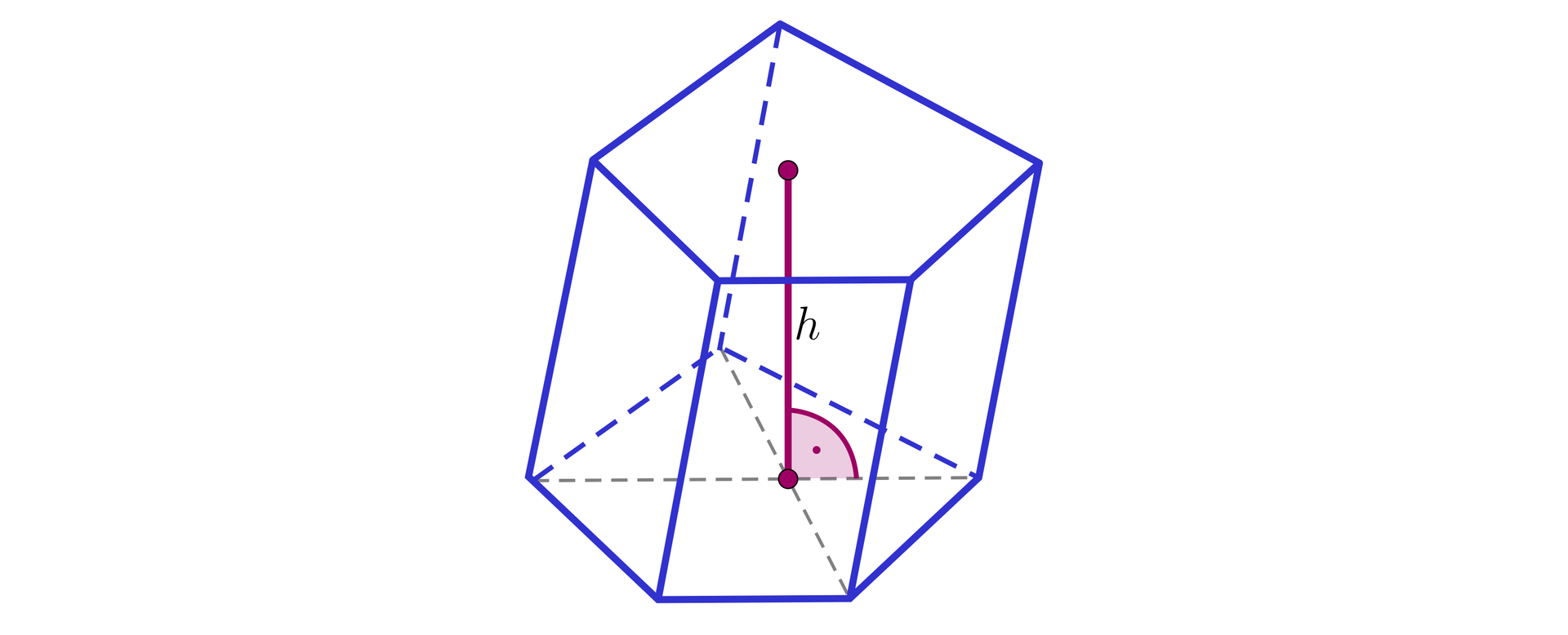 Na ilustracji przedstawiono graniastosłup pięciokątny. Z górnej podstawy opuszczono wysokość, której spodek leży w punkcie przecięcia przekątnych dolnej podstawy.