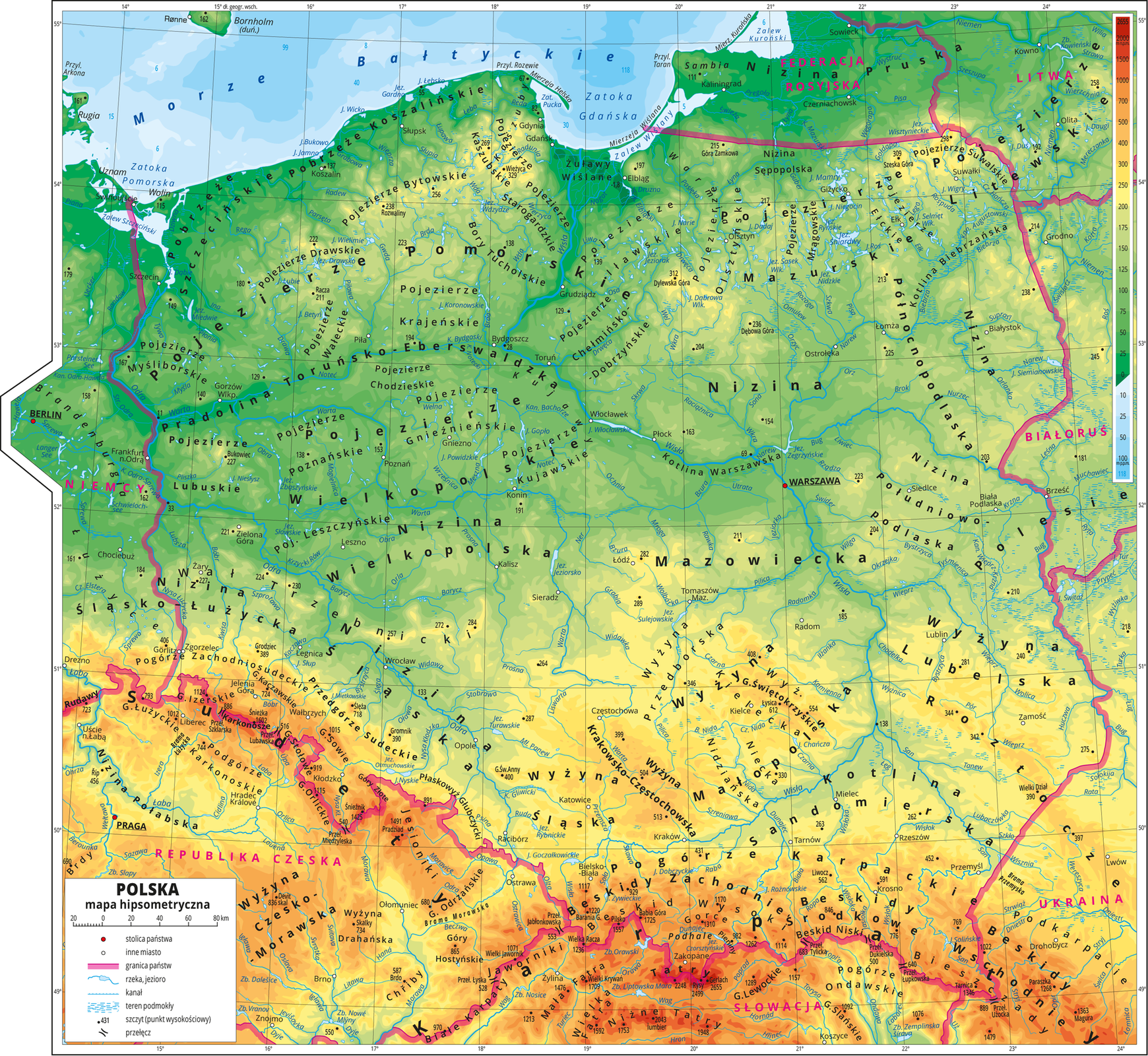 Mapa Polski z zaznaczonymi wysokościami terenu za pomocą barw: niziny – zielona, wyżyny -żółta, brązową, góry - czerwona. Północna i centralna Polska jest zaznaczona na zielono. Południe Polski żółte i pomarańczowe.