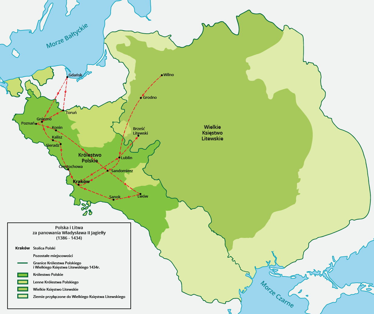 Mapa przedstawiająca Polskę i Litwę za panowania Władysława II Jagiełły (1386‑1434).  Stolicą Polski był wtedy Kraków. Na mapie zaznaczono obszary należące do Królestwa Polskiego, były to ziemie z miastami Toruń, Gniezno, Poznań, Konin, Kalisz, Sieradz, Częstochowa, Kraków, Sanok, Lwów, Sandomierz, Lublin. Zaznaczono lenne Królestwa Polskiego, były to obszary centralnej Polski oraz północnej Polski. Na mapie zaznaczono również wielkie Księstwo Litewskie, był to rozległy obszar ciągnący się na terenach dzisiejszych krajów nadbałtyckich, Rosji, Białorusi, Ukrainy i Węgier. od morza Bałtyckiego do morza Czarnego z miastami Brześć litewski, Grodno, Wilno. Znaczona też ziemię przyłączony do wielkiego Księstwa Litewskiego, był to ogromny obszar na wschodzie Księstwa.Na mapie oznaczony został szlak podróży Władysława Jagiełły po kraju: z Wilna, przez Lublin, Sandomierz do Krakowa. Z Krakowa przez Częstochowę, Sieradz, Kalisz, Gniezno do Gdańska i z powrotem przez Toruń do Poznania, Konina, Sandomierza, Lwowa, Sanoka do Krakowa. A także z Krakowa przez Lublin do Brześcia Litewskiego. Wilno, Grodno i Brześć Litewski były miastami w Wielkim Księstwie Litewskim. 