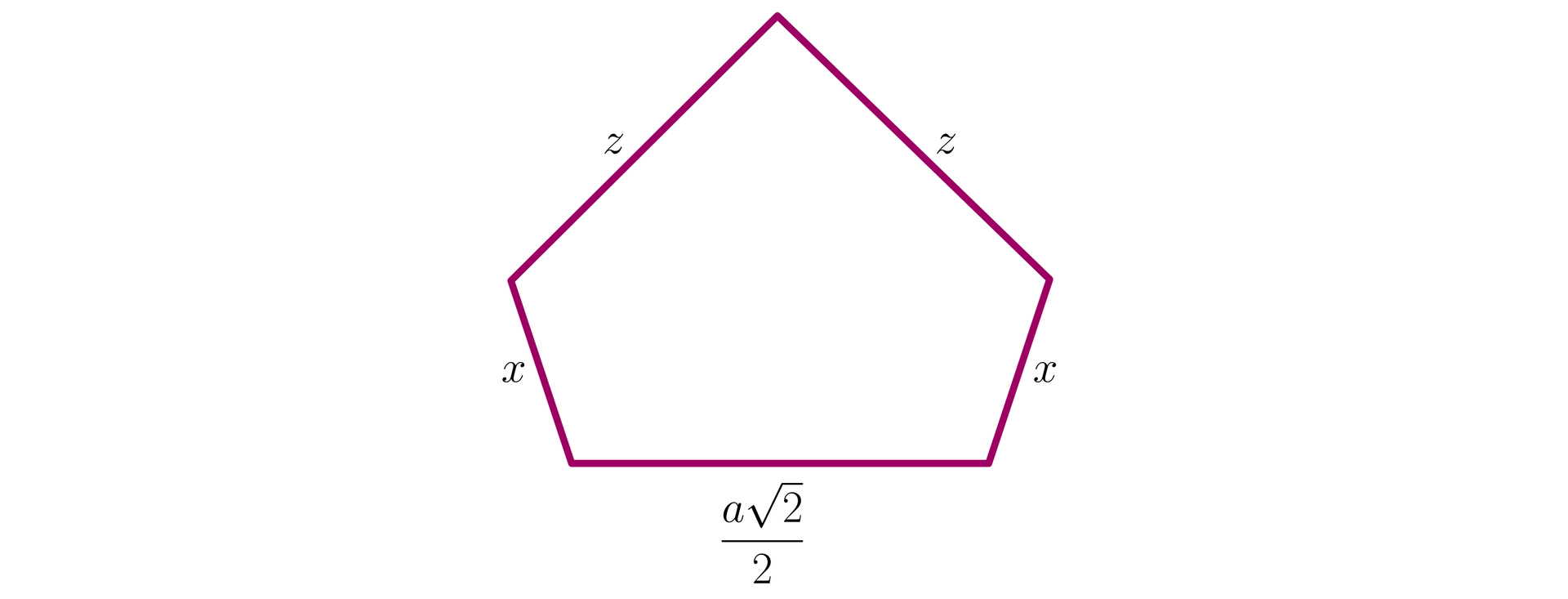 Na ilustracji przedstawiono pięciokąt o bokach długości a22, x, x, z oraz z. 