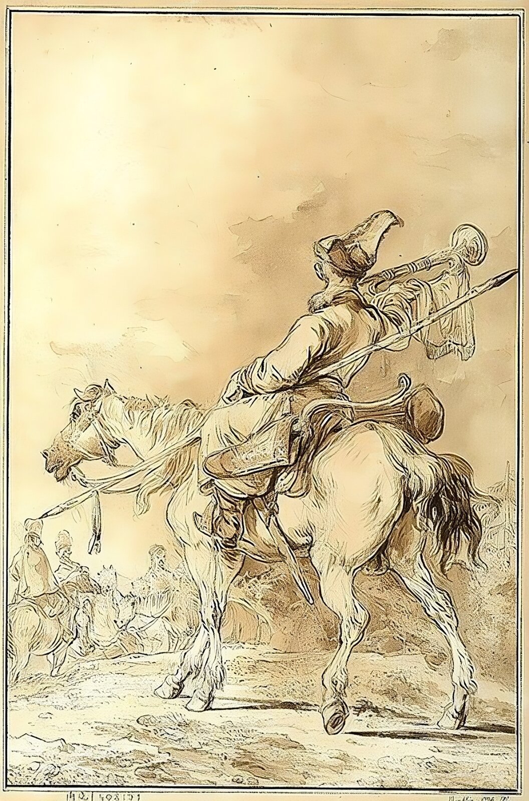 Ilustracja przedstawia wygląd siedzącego na koniu Kozaka, który ciągnie na końcu taboru. Jego koń jest wychudzony i wygląda na chorego, zaś jego właściciel, być może pod wpływem alkoholu, wyraźnie czuje się doskonale. Gra na trąbce, zaś w tyle siodła ma lirę. Jego długa włócznia przechodzi mu pod lewym ramieniem. Ubrany jest w wysoką, futrzaną czapkę, długi kaftan i wysokie buty z cholewami.