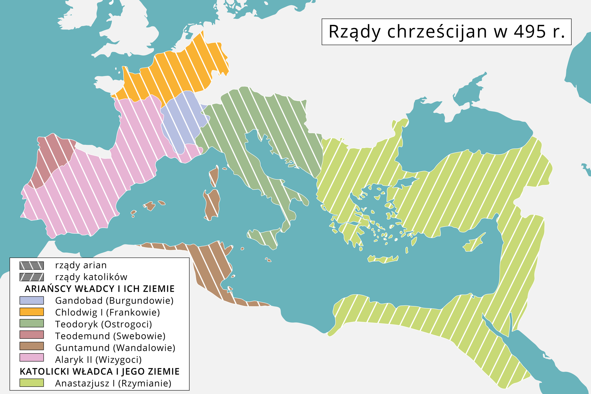 Ilustracja przedstawia mapę Europy i północnej Afryki, z oznaczonymi terenami rządzonymi przez chrześcijan na południowo‑wschodniej części kontynentu oraz terenami rządzonymi przez Arian czyli południowo- środkowa i zachodnia część kontynentu.