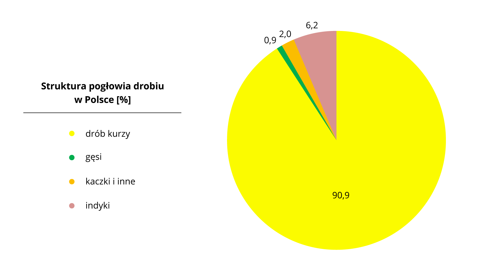 Na ilustracji diagram kołowy – struktura pogłowia drobiu w Polsce. Drób kurzy 90,9%, gęsi 0,9%, indyki 6,2%, kaczki i inne 2,0%.