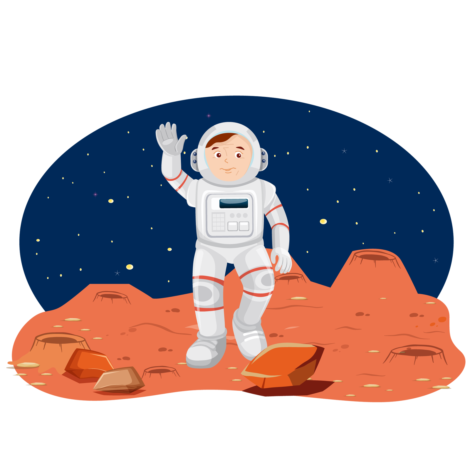 Ilustracja przedstawia astronautę na Księżycu. Tło jest granatowe, widać liczne drobne gwiazdy. Mężczyzna stoi na nieregularnej powierzchni Księżyca. Jest ubrany w specjalny biały strój z przeszklonym hełmem na głowie. Prawą rękę unosi do góry w geście pozdrowienia. Przed nim leży duży brązowy kamień.