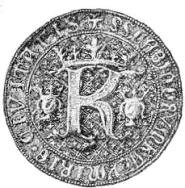 Zdjęcie przedstawia pieczęć miasta Kazimierz. Na środku jest litera K. Na jej górze znajduje się korona. Wokół znajdują się bogate zdobienia.