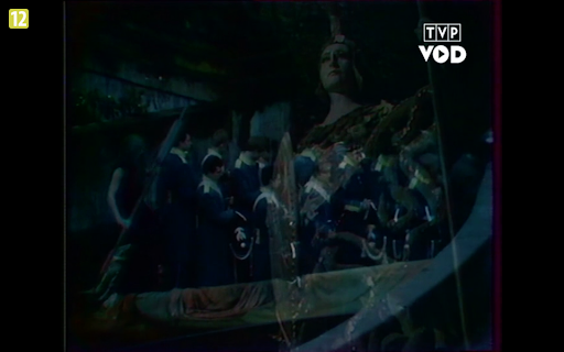 Fotografia przedstawia nakładające się na siebie dwa obrazy. Ukazani są tutaj umundurowani mężczyźni idący w zwartej grupie. W dłoniach trzymają wysokie, sztywne czapki. Drugie zdjęcie przedstawia stojącą kobietę w sile wieku. Postać jest ukazana z perspektywy od dołu. Kobieta prezentuje lewy półprofil. Ma gładkie czoło, ciemne brwi, lekko zwężone oczy, niewielki nos i wydatne lekko, otwarte usta. Patrzy przed siebie. Jest ubrana w zbroję ozdobioną wyobrażeniem węża. Na głowie ma hełm. W prawej dłoni trzyma tarczę, a w lewej długą włócznię.