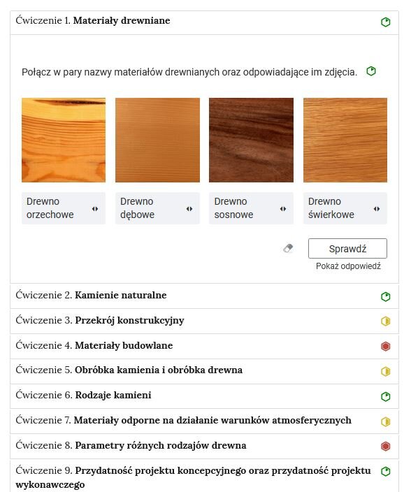 Ilustracja przedstawia przykładowe ćwiczenie. Są to cztery grafiki, na których widoczne są różne rodzaje drewna. Grafiki należy dopasować do znajdujących się pod nimi podpisów.