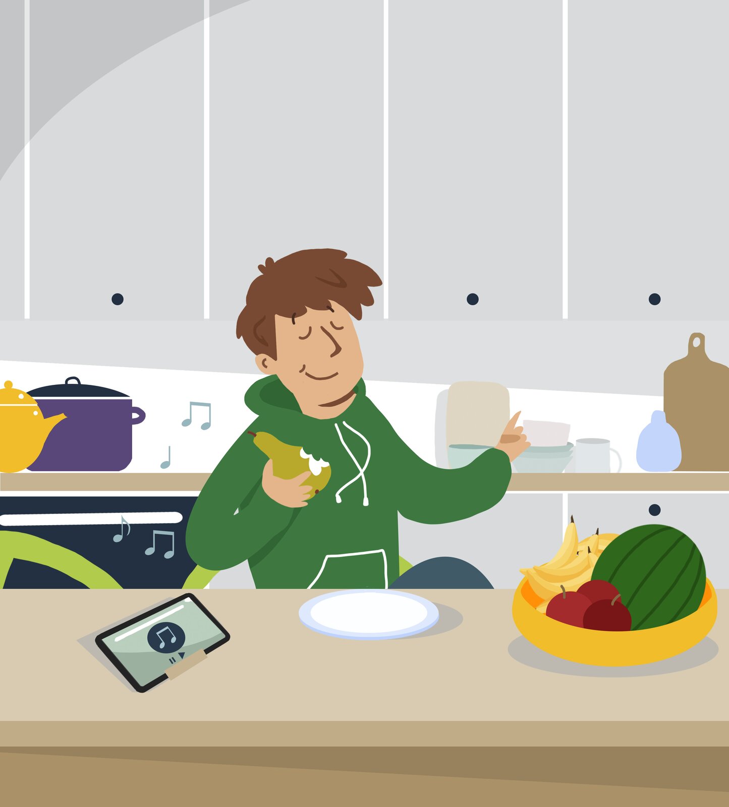 2. 1. Ilustracja przedstawia chłopca w zielonej bluzie z kapturem jedzącego gruszkę. Ćwiczenie alternatywne wyświetla się w trybie dostępności.