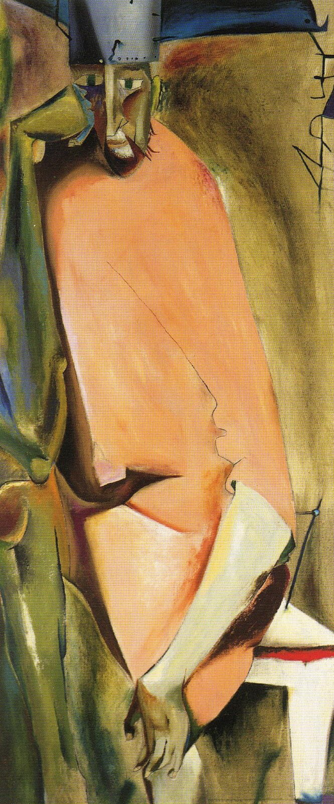 Na obrazie surrealistyczna postać o zielonej twarzy z metalowym nakryciem głowy. Postać jest naga, jedno ramię jest zielone, podpiera nim głowę, siedzi na białym  taborecie, otacza ją zielone tło.