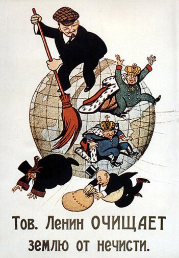 Karykatura Lenina sprzątającego świat Karykatura Lenina sprzątającego świat Źródło: domena publiczna.