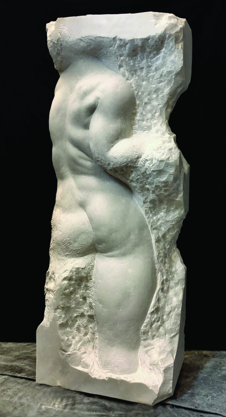 Zdjęcie przedstawia rzeźbę w stylu non finito. W podłużnym, wysokim, jasnym kamieniu wykuto ciało mężczyzny, przedstawionego tyłem. Sylwetka mężczyzny jest wysportowana, z widocznymi mięśniami. Artysta dokończył jedynie plecy, część prawej ręki, pośladki oraz część prawej nogi. Reszta rzeźby ma nieregularny kształt oraz nierówną powierzchnię z śladami po dłucie. W dolnej części rzeźby marmur pozostał gładki i nietknięty nawet przez artystę. Rzeźba stoi na drewnianym podłożu, na czarnym tle.