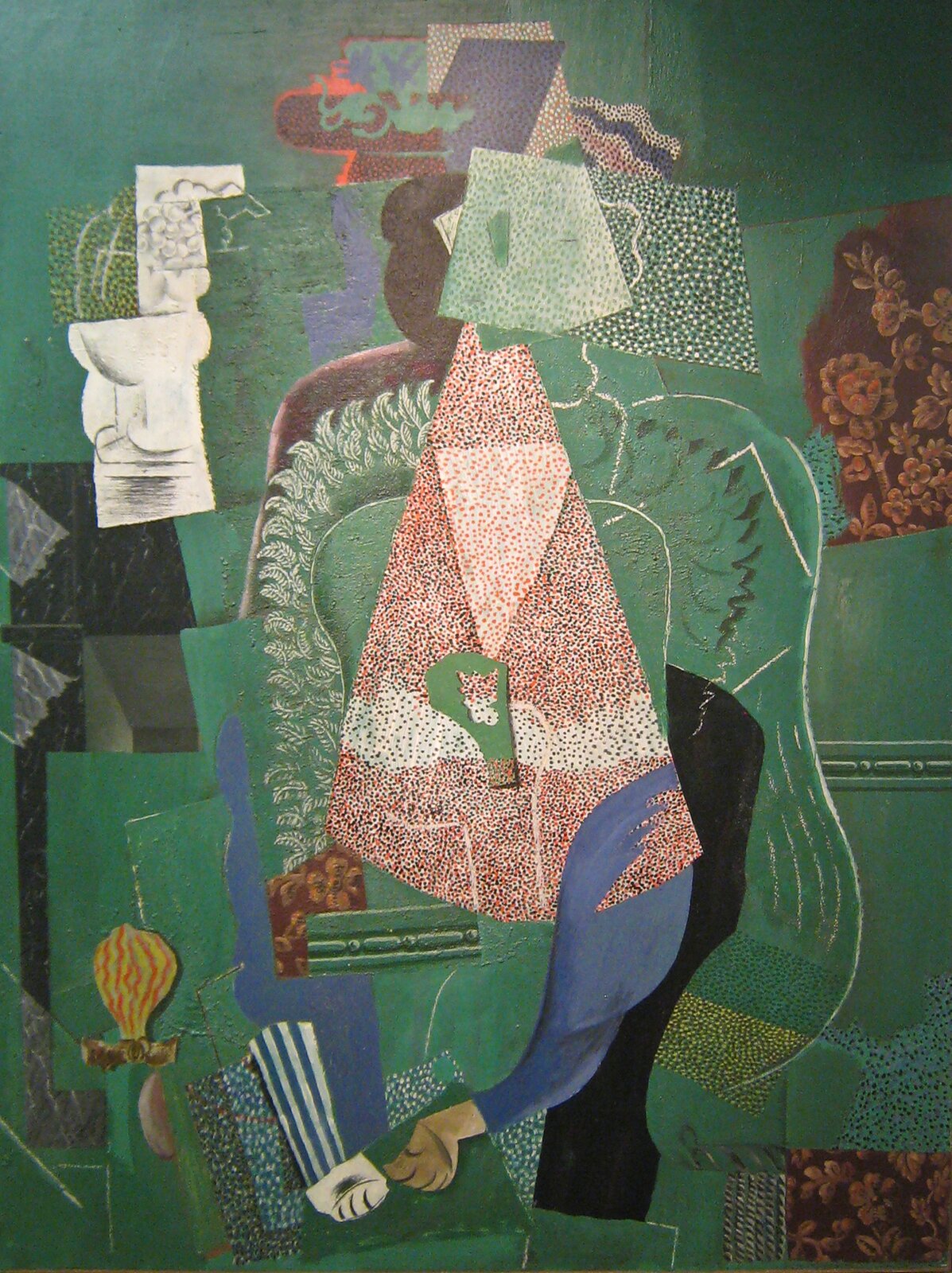 Na zielonym tle ukazana jest figura o zgeometryzowanych kształtach z dorysowanymi liniami. Nie można rozpoznać ani twarzy, ani detali portretu. Z układu różnych kształtów można domyślać się, że chodzi o postać, ze względu na formę różnobarwnych wycinków. Dodatkowo na zielone tło zostały naklejone po prawej stronie fragmenty brązowej tapety z motywami kwiatów.