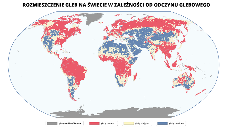 Mapa świata przedstawia rozmieszczenie gleb na świecie w zależności od odczynu glebowego. Gleby nieklasyfikowane znajdują się na Grenlandii i Antarktydzie. Gleby kwaśne to prawie cała Ameryka Północna oraz północna część Ameryki Południowej, centralna część Afryki oraz północna część Europy, południowa część Azji i część Australii. Gleby obojętne znajdują się w okolicach równika oraz miejscowo w Ameryce Północnej i Południowej, na samym południu Afryki.