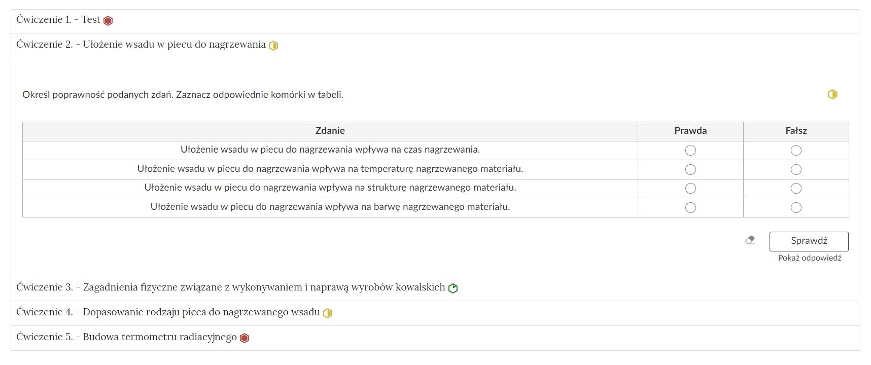 Widok przykładowego zadania typu prawda/fałsz.
