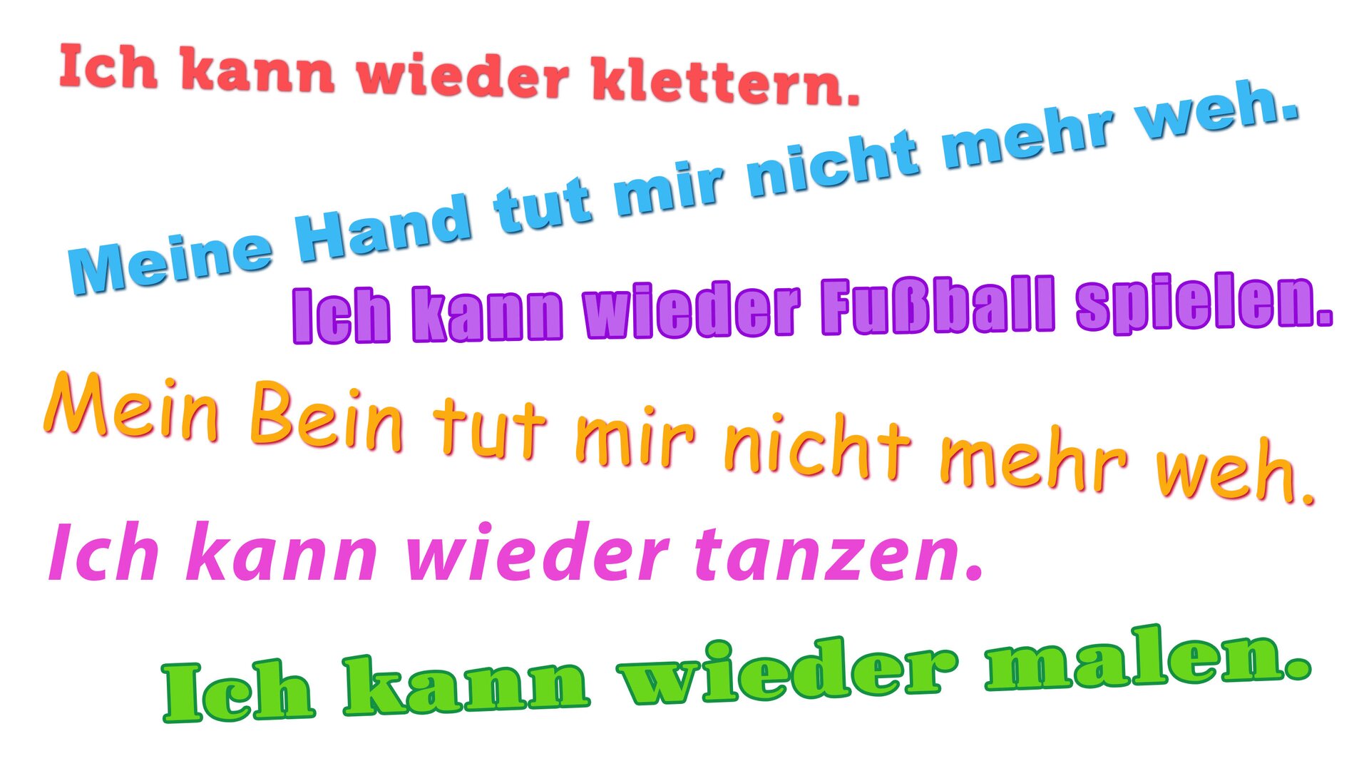 Ilustracja przedstawia kolorowe napisy, są to zdania: ich kann wieder kletten. Meine hand tut mir nicht mehr weh. Ich kann wieder fußball spielen. Mein Bein tut mir nicht mehr weh. Ich kann wieder tanzen. Ich kann wieder malen.