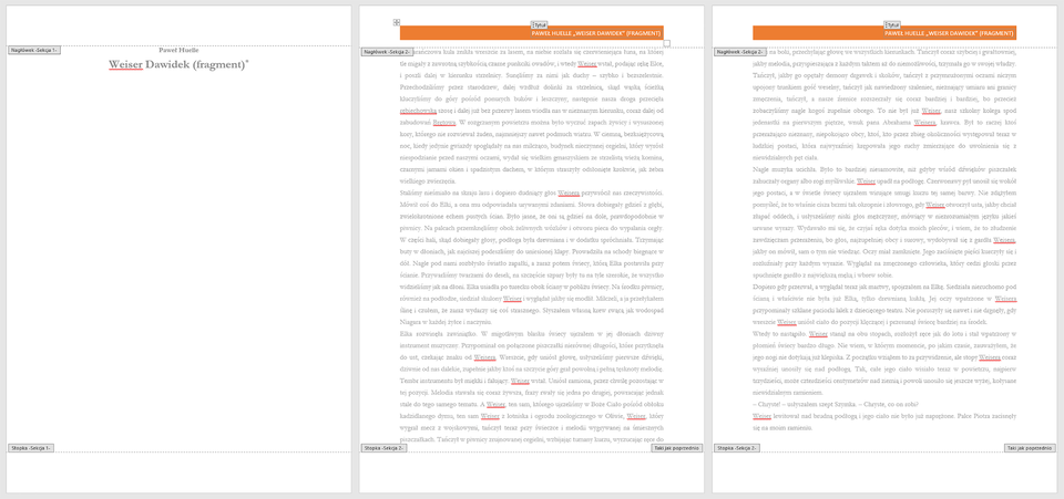 Zrzut ekranu przedstawiający trzy strony dokumentu. Pierwsza strona to strona tytułowa. Dwie pozostałe to strony z tekstem, które posiadają taki sam nagłówek. Na stronach znajdują się etykiety opisujące na stronach nagłówki, sekcje, stopki i tytuł. 