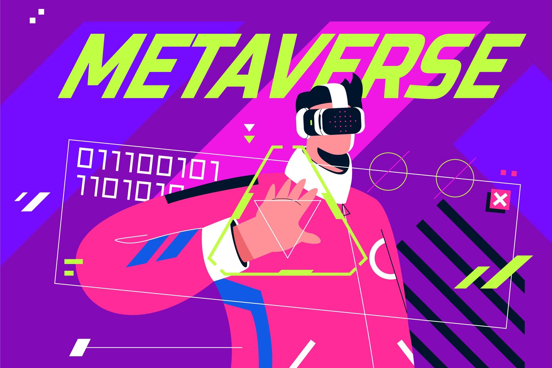 Ilustracja przedstawia osobę w goglach VR. Widoczny jest napis w języku angielskim: METAVERSE. 