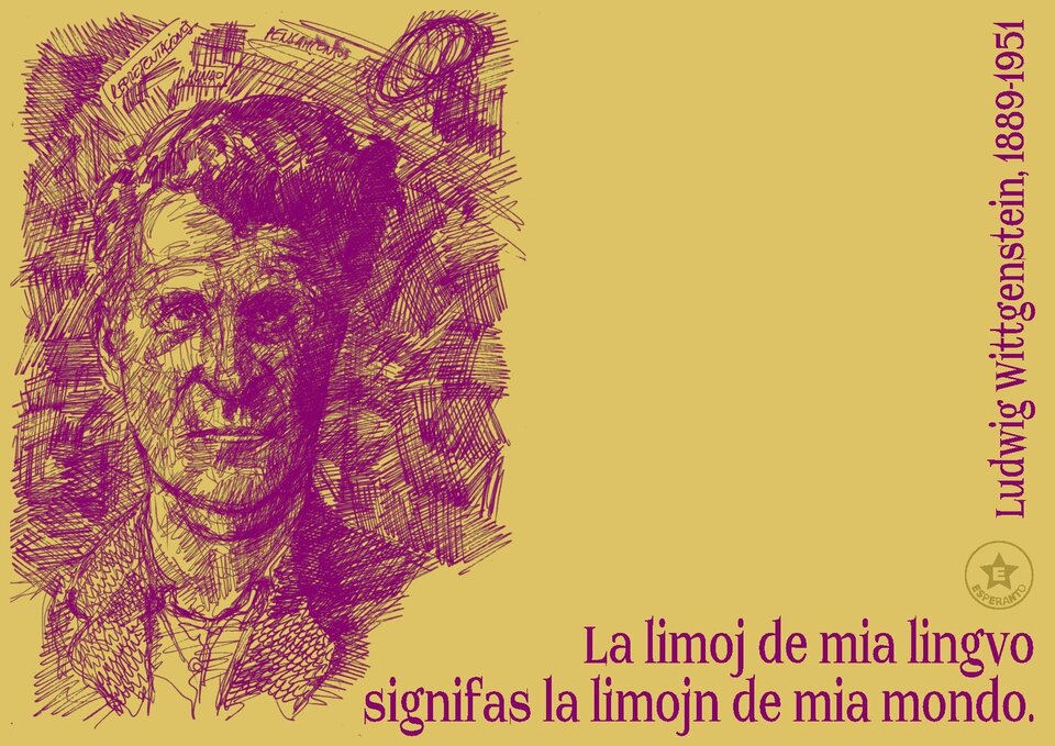 Ilustracja przedstawia portret mężczyzny z pociągłą twarzą i lekko kręconymi, krótkimi włosami. Mężczyzna ubrany jest w garnitur. Obok są napisy w obcym języku oraz podpis Ludwig Wittgenstein 1889 - 1951..