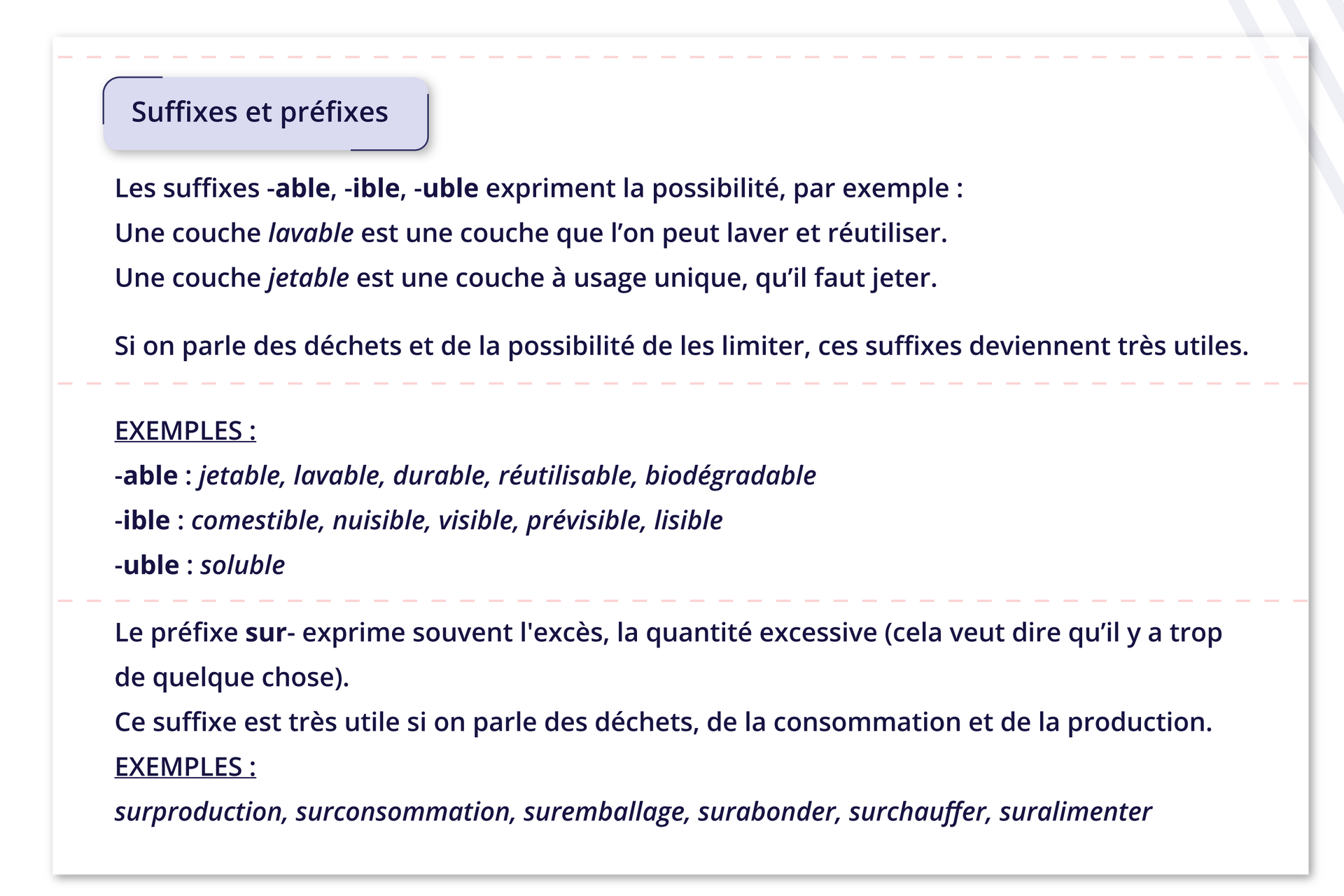 Ilustracja zatytułowana Suffixes et préfixes zawiera poniższe informacje. Les suffixes -able, -ible, -uble expriment la possibilité, par exemple :Une couche lavable est une couche que l'on peut laver et réutiliser. Une couche jetable est une couche à usage unique, qu'il faut jeter.Si on parle des déchets et de la possibilité de les limiter, ces suffixes deviennent très utiles.EXEMPLES: -able: jetable, lavable, durable, réutilisable, biodégradable -ible: comestible, nuisible, visible, prévisible, lisible -uble : soluble Le préfixe sur- exprime souvent l'excès, la quantité excessive (cela veut dire qu'il y a trop de quelque chose). Ce suffixe est très utile si on parle des déchets, de la consommation et de la production. EXEMPLES: surproduction, surconsommation, suremballage, surabonder, surchauffer, suralimenter