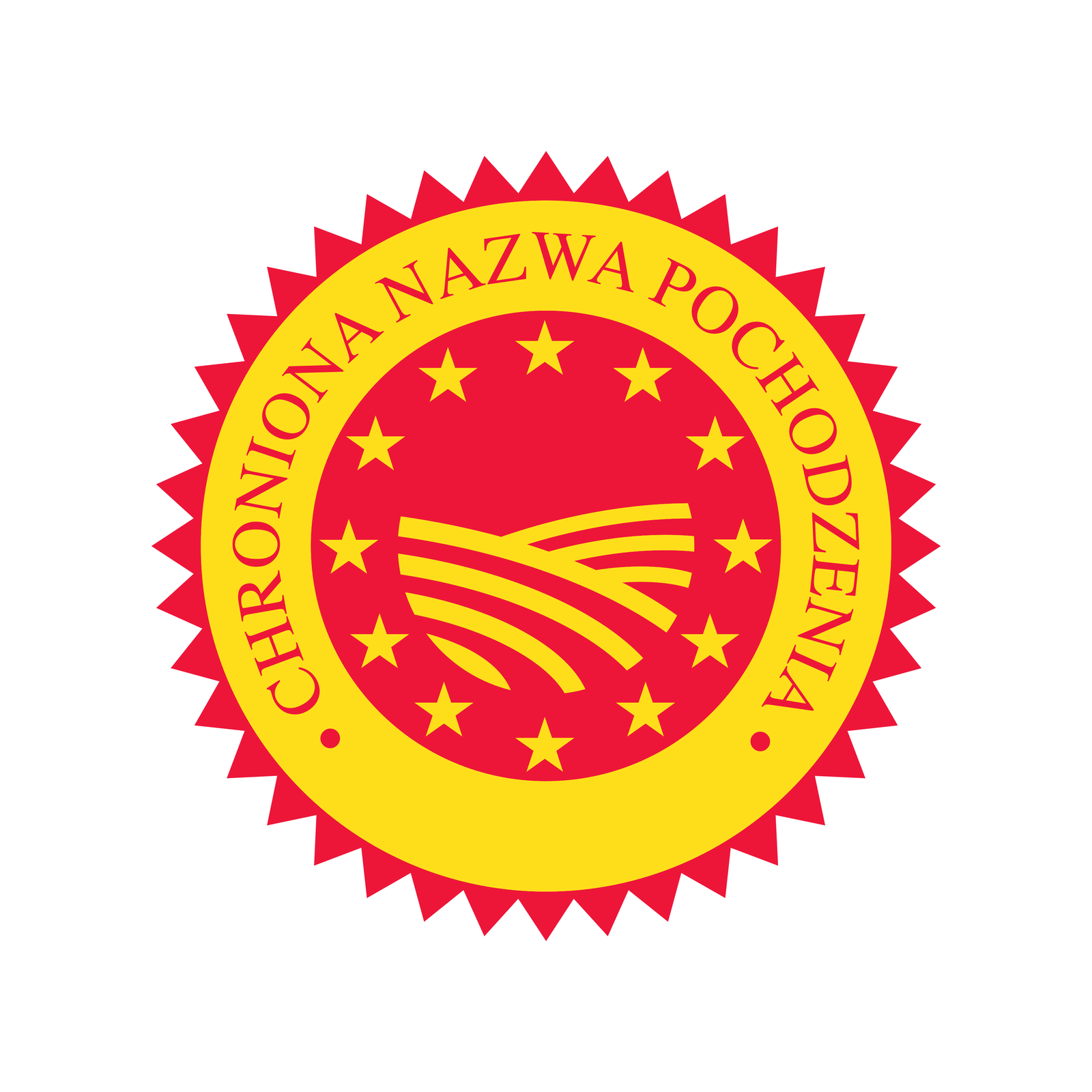 Grafika przedstawiająca znak „Chroniona nazwa pochodzenia”. Znak ten ma kształt okręgu, na którego obwodzie umieszczone czerwone trójkąty. Przypominają one promienie słoneczne. Wnętrze znaku to czerwony okrąg otoczony złotą obwódką. Centralna część znaku przypomina flagę Unii Europejskiej, ponieważ na tle czerwonego okręgu umieszczono dwanaście złotych gwiazd. Na tle złotej obwódki umieszczono natomiast napis: Chroniona nazwa pochodzenia.