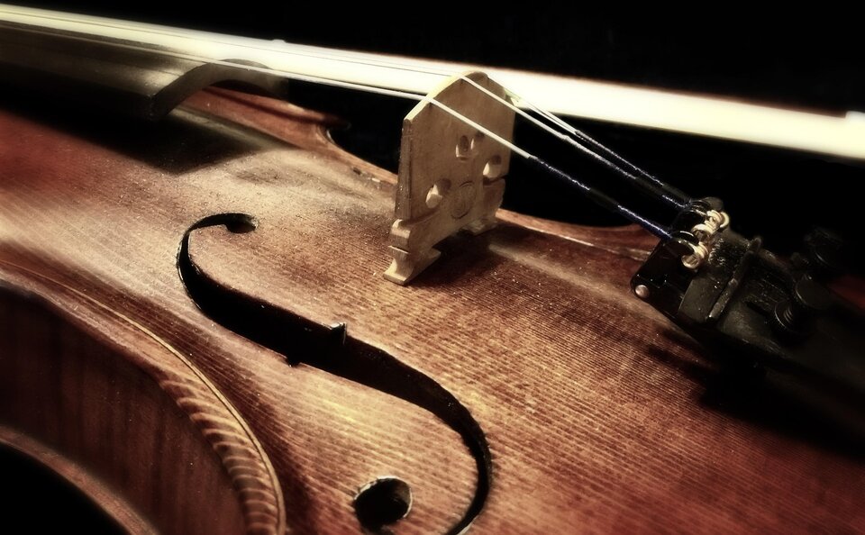 Zbliżenie na drewniany instrument smyczkowy – skrzypce. W centrum widoczny jest mostek podtrzymujący napięte struny, które biegną wzdłuż instrumentu. Na pierwszym planie znajduje się charakterystyczny otwór rezonansowy w kształcie litery „f”. Powierzchnia drewna ma ciepły, brązowy kolor i wyraźną fakturę słojów. Oświetlenie jest miękkie i ciepłe, a tło pozostaje ciemne i rozmyte, co podkreśla detale instrumentu.