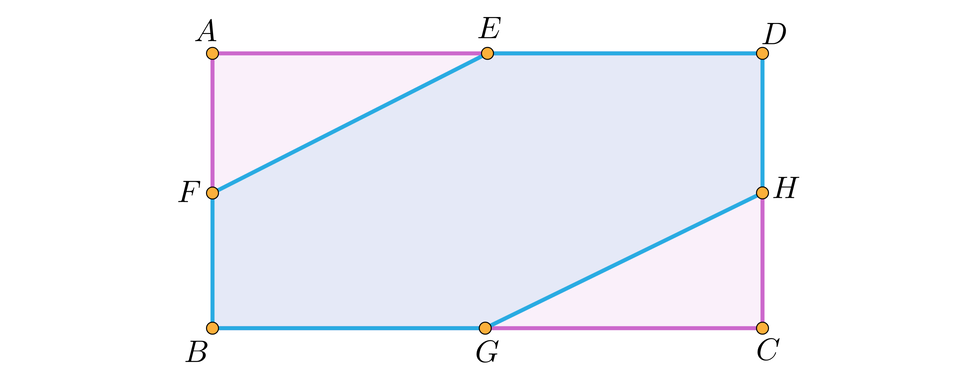 Ilustracja przedstawia czworokąt A, B, C, D. W środkach jego boku oznaczono punkty E, F, G, H które wraz z punktami B i D tworzą sześciokąt.