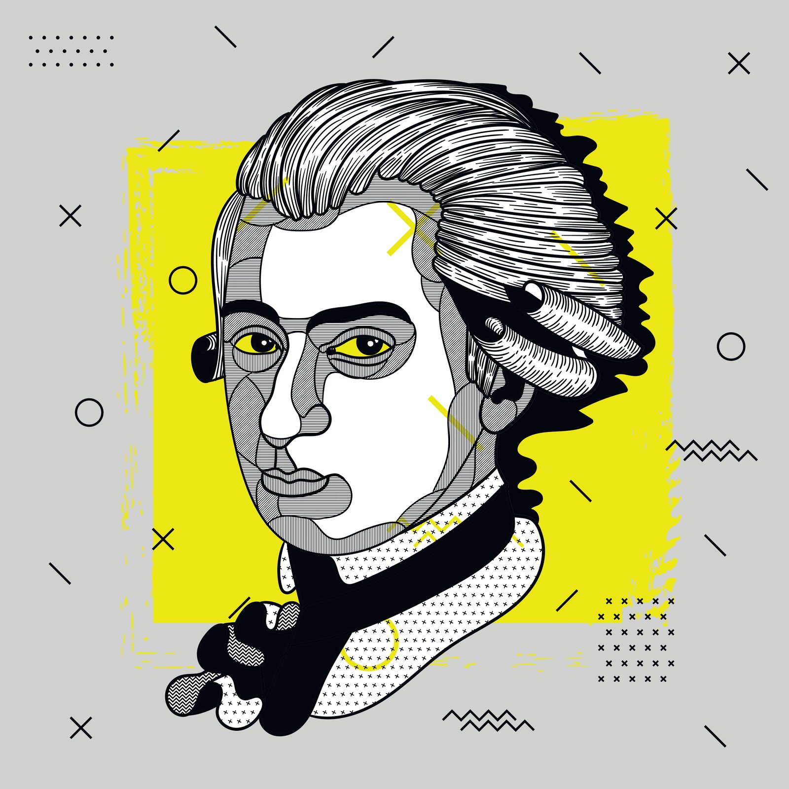 Ilustracja przedstawia współczesną karykaturę Wolfganga Amadeusza Mozarta. Grafikę stworzono z geometrycznych wzorów i kształtów. Twarz składa się z białego pola, a także z różnych obłych kształtów, które są białe z licznymi cienkimi czarnymi liniami. Oczy są żółte, a brwi zamalowano na czarno. Perukę mężczyzny stworzono z podłużnych kształtów, ułożonych blisko siebie, są one białe z czarnymi kreskami. Koszulę i żabot mężczyzny stworzono z białego pola z czarnymi plusami, z czarnego pola oraz białego w inne wzory. W tle znajduje się żółtozielony kwadrat, a dalej szary kolor z narysowanymi wzorami geometrycznymi.