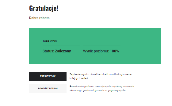 Ekran gry pojawiający się po zaliczeniu poziomu w grze edukacyjnej