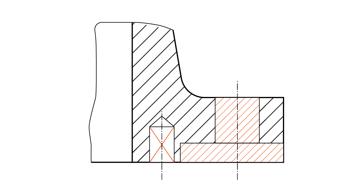 Na ilustracji przedstawione jest wypełnienie otworów i wnęk w surowym odlewnie. Fragment odlewu ma kształt litery L, z mocno zarysowanymi konturami odlewu. Cały odlew jest zakreskowany. Wewnątrz odlewu znajdują się dwa elementy. Pierwszym elementem jest prostokąt zakończony trójkątem, który przedstawia gwint. Nie jest on zakreskowany, lecz zaznaczony krzyżykiem w innym kolorze niż rysunek. Drugim elementem jest długi wąski prostokąt na którym ustawiony jest kwadrat. Jest on zakreskowany innym kolorem niż pozostały rysunek. 
