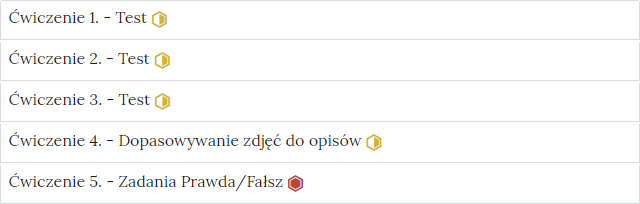 Zdjęcie przedstawia przykładowy wygląd zakładek zawierających interaktywne materiały sprawdzające. Składają się one z prostokątnych paneli umieszczonych jeden pod drugim. Każdy panel posiada numer oraz tytuł, który nawiązuje do zawartego w nim zadania.