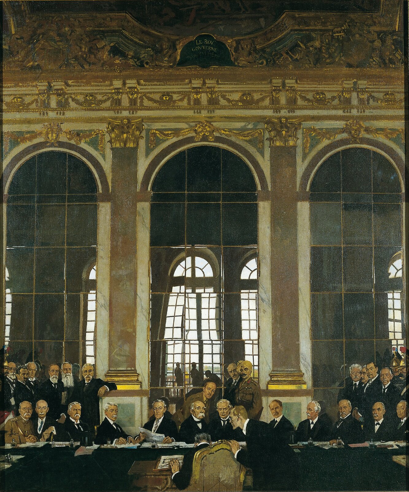 Podpisanie traktatu w Sali Lustrzanej Źródło: William Orpen, Podpisanie traktatu w Sali Lustrzanej, 1919, Olej, Imperial War Museum, domena publiczna.