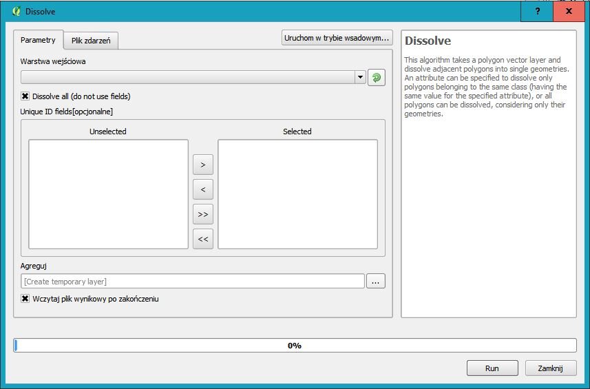 Zdjęcie przedstawia okno dialogowe QGIS. Okno z napisem Dissolve ma dwie zakładki: parametry i pliki zdarzeń. Otwarta jest zakładka: Pliki zdarzeń. Tu są między innymi dwa okna: Unselected i Selected, Agreguj. Obok nich otwiera się okno z napisem Dissolve, pod którym znajduje się tekstem po angielsku. Na dole okna są dwa przyciski: Run i Zamknij.  