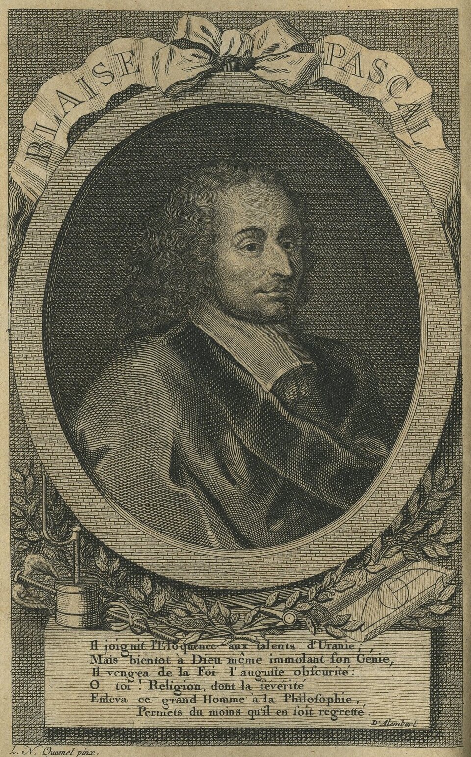 Na czarno‑białej ilustracji znajduje się karta tytułowa wraz z ryciną Pascala. Na środku, w okrągłej ramce znajduje się postać filozofa. Nad kołem jest umieszczona kokarda, na prawym końcu jest zapisane imię – Blaise, a na lewym nazwisko – Pascal. Oba napisy są zapisane wersalikami. Pod okręgiem znajdują się gałązki laurowe. Po lewej stronie leży kartka z rysunkiem okręgu znajdującego się na płaszczyźnie. Dalej leży cyrkiel. Po prawej stronie znajdują się strzykawka i kalkulator. Pod spodem w prostokątnej ramce jest umieszczony cytat z D'Alemberta: „On go pomści. Dołączył do elokwentnych talentów Uranii; Ale wkrótce do samego Boga ofiarującego swój geniusz, Wiara dostojna zaciemniona: O ty! Religia, w tym gorączka, Zabrał tego wielkiego Człowieka Filozofii, Przynajmniej niech tego żałuje”. Wewnątrz okrągłej ramki znajduje się Pascal. Ma długie kręcone włosy, które opadają na ramiona po obu stronach. Jest ubrany w koszulę z wykładanym kołnierzem i marynarkę. Twarz jego wyraża zadowolenie. Patrzy w stronę widza.
