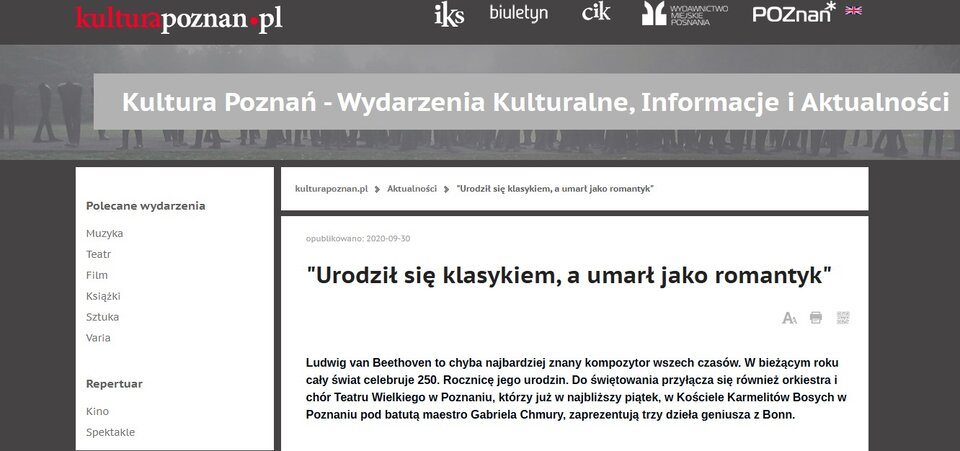 Zrzut ekranu strony internetowej dostępnej pod adresem kulturapoznan.pl z  artykułem o Beethovenie. W centralnej części widoczny nagłówek z cytatem: Urodził się klasykiem, a umarł jako romantyk.