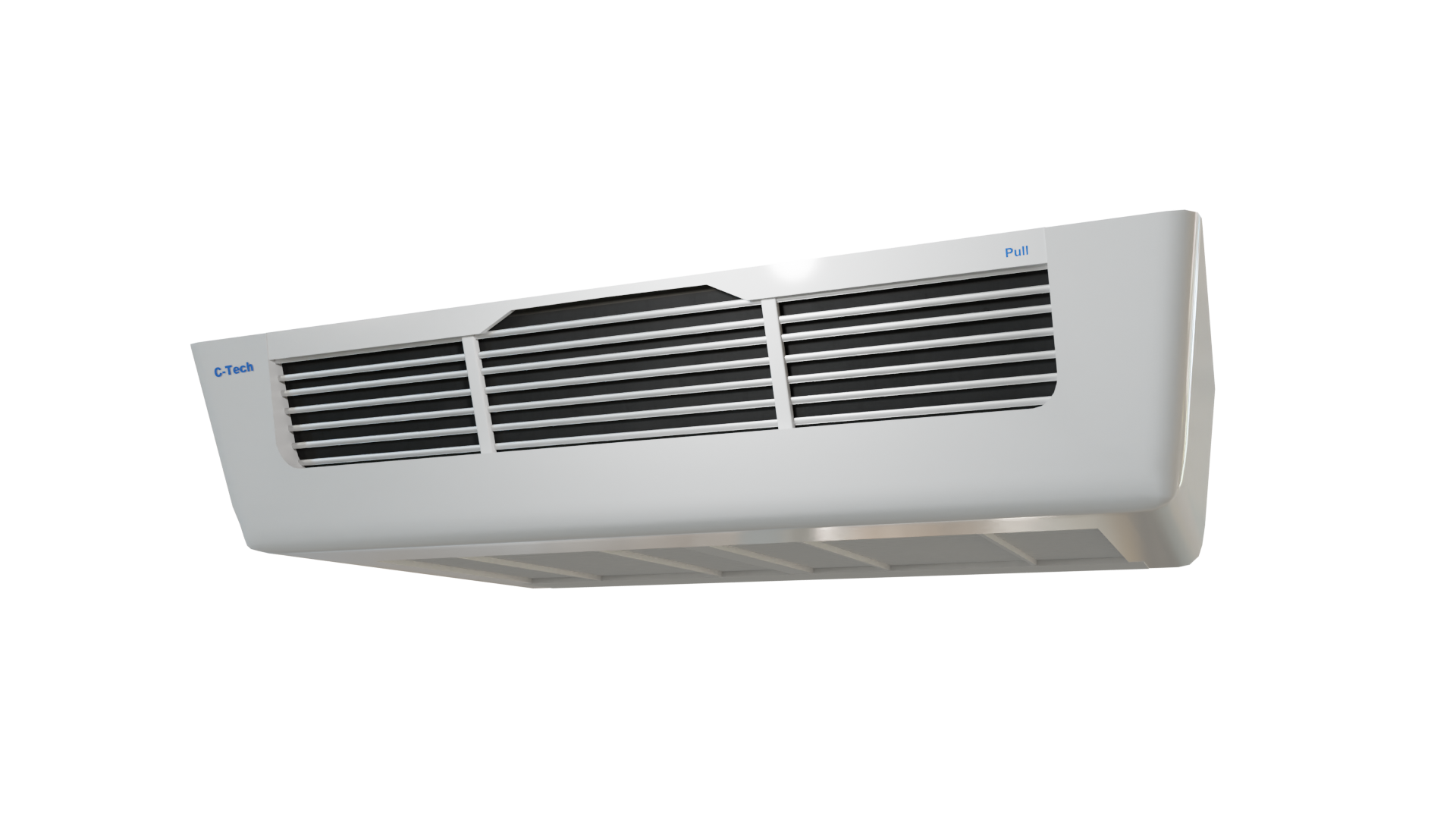 Ilustracja przedstawia jednostkę wewnętrzną klimatyzatora.Przedmiot ma kształt prostopadłościanu. Górna ściana przymocowana jest do sufitu. Na dolnej i frontowej ścianie urządzenia widocznej są podłużne otwory ułożone równolegle do siebie w równych odległościach.