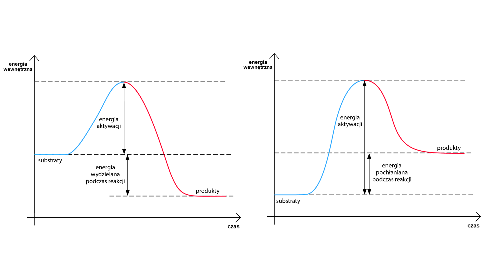 Na ilustracji są dwa wykresy zależności energii wewnętrznej (oś Y) od czasu (oś X). Na pierwszym wykresie krzywa rozpoczyna się nieco poniżej połowy długości osi Y. Początek krzywej biegnie równolegle do osi X - to substraty. Następnie wznosi się i opada poniżej poziomu substratów. Końcowa część krzywej prowadzi równolegle do osi X - to produkty. Od poziomu substratów do maksimum krzywej zaznaczono energię aktywacji. Odległość od substratów do krzywej oznaczającej produkty opisano jako energię wydzieloną podczas reakcji. Na drugim wykresie początek krzywej jest nieco powyżej początku osi Y. Początkowy odcinek krzywej biegnie równolegle do osi X - to substraty. Następnie krzywa wznosi się i opada powyżej poziomu substratów, mniej więcej w połowie osi Y. Końcowa część krzywej prowadzi równolegle do osi X - to produkty. Od poziomu substratów, przez maksimum, do poziomu produktów zaznaczono energię aktywacji. Odległość od poziomu produktów do poziomu substratów opisano jako energię pochłanianą podczas reakcji.     