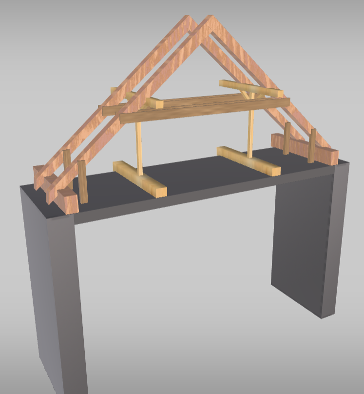 Grafika przedstawia wiązary pełne. Widoczny jest model konstrukcji dachu, z parą krokwi, tworzących kształt odwróconej litery V, w połowie których biegną poziome belki. Z nich wychodzą dwie pionowe linie, na końcu których widoczne są dwie belki, ułożone prostopadle do belek poziomych powyżej. Poniżej widoczne trzy płaszczyzny: pozioma i dwie pionowe na końcach, obrazujące konstrukcję dachu.

Opisy obiektów prezentowanych na grafikach są załączone w treści słownika.