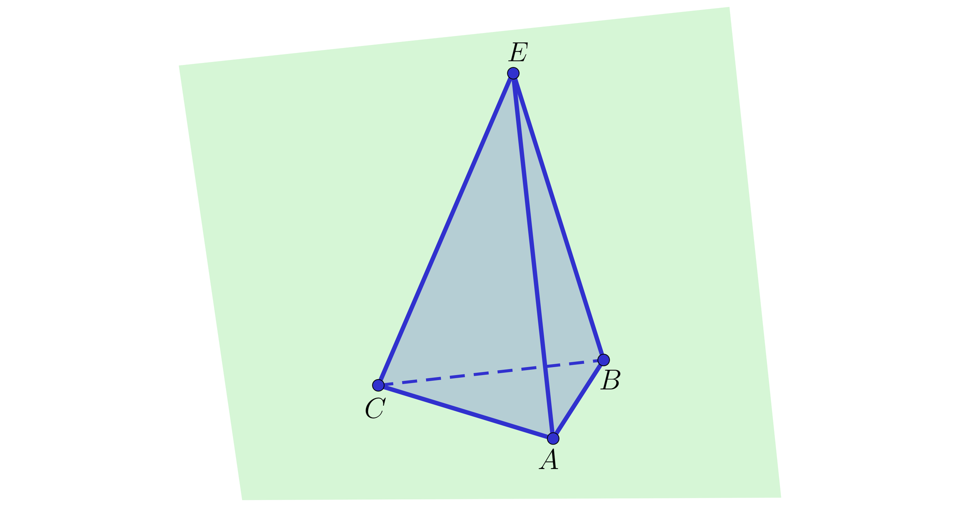 Na ilustracji przedstawiono ostrosłup prawidłowy trójkątny o podstawie ABC i wierzchołku E oraz płaszczyznę pi.