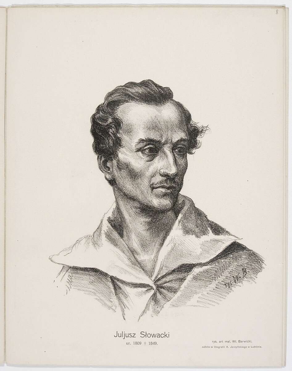 Ilustracja przedstawia prawy półprofil mężczyzny. Ma zaczesane do góry włosy z zakolami, rzadkie wąsy oraz lekko garbaty nos na pociągłej twarzy. Mężczyzna ubrany jest w koszulę z szerokim kołnierzem.