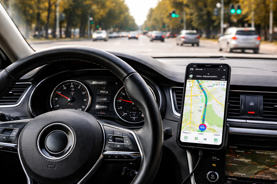 Zdjęcie ukazuje smartfon z uruchomioną aplikacją do nawigacji samochodowej. Smartfon znajduje się w uchwycie przymocowanym do kokpitu samochodu.  W lewym dolnym rogu fotografii widoczna jest kierownica.