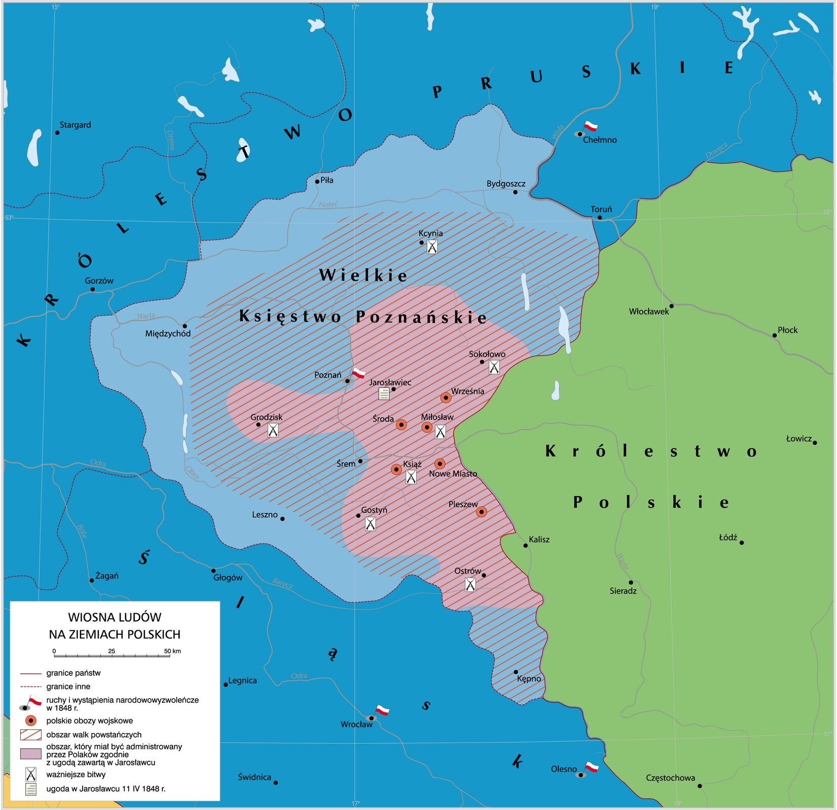 Mapa prezentująca Wiosnę Ludów na ziemiach polskich. Na środku znajduje się obszar, który miał być administrowany przez Polaków zgodnie z ugodą zawartą w Jarosławcu. Obejmuje tereny wokół miast Grodzisk, Jarosławiec, Środa, Książ, Sokołowo, Nowe Miasto, Gostyń, Ostrów. Zaznaczone jest Wielkie Księstwo Poznańskie. Na Północy Królestwo Pruskie. Na Południu Śląsk. Na Wschód Królestwo Polskie. Ruchy i wystąpienia narodowo‑wyzwoleńcze w 1848 roku: Poznań, Wrocław, Olesno, Chełmno. Ważniejsze bitwy: Grodzisk, Gostyń, Ostrów, Sokołowo, Miłosław.