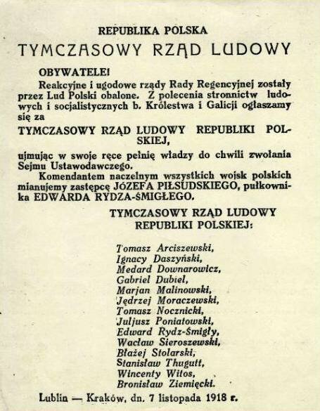Afisz proklamujący powstanie Rządu Ludowego. Oświadczenia rozklejono w nocy z 6 na 7 listopada 1918 roku, m.in. w Lublinie. Wyjaśnij, dlaczego rządy Rady Regencyjnej określone zostały jako reakcyjne i ugodowe.